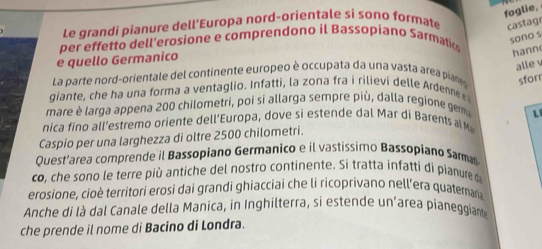 foglie, 
Le grandi pianure dell’Europa nord-orientale si sono formate castagr 
per effetto dell’erosione e comprendono il Bassopiano Sarmatic 
sono s 
hann 
e quello Germanico 
alle v 
La parte nord-orientale del continente europeo è occupata da una vasta area pianes sforr 
giante, che ha una forma a ventaglio. Infatti, la zona fra i rilievi delle Ardennee 
mare è larga appena 200 chilometri, poi si allarga sempre più, dalla regione germa 
nica fino all’estremo oriente dell’Europa, dove si estende dal Mar di Barents al Ma L 
Caspio per una larghezza di oltre 2500 chilometri. 
Quest’area comprende il Bassopiano Germanico e il vastissimo Bassopiano Sarmati 
co, che sono le terre più antiche del nostro continente. Si tratta infatti di pianure da 
erosione, cioè territori erosi dai grandi ghiacciai che li ricoprivano nell’era quatemaria 
Anche di là dal Canale della Manica, in Inghilterra, si estende un’area pianeggiante 
che prende il nome di Bacino di Londra.