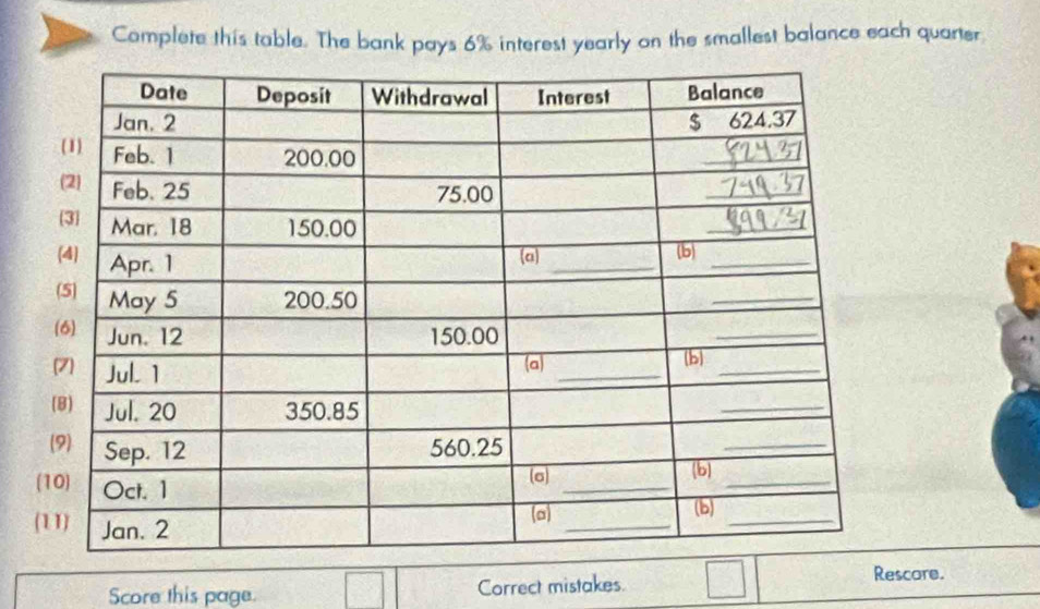 Complete this table. The bank pays 6% interest yearly on the smallest balance each quarter 
Score this page. Correct mistakes. 
Rescore.