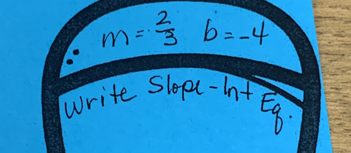 m= 2/3 b=-4
write slepe-hnt Eg