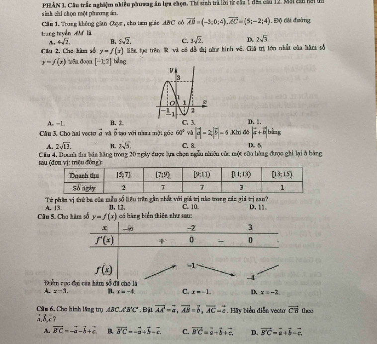 PHÂN I. Câu trắc nghiệm nhiều phương án lựa chọn. Thí sinh trả lời từ cầu 1 đến cầu 12. Mỗi cầu hôi t
sinh chỉ chọn một phương án.
Câu 1. Trong không gian Oxyz , cho tam giác ABC có vector AB=(-3;0;4),vector AC=(5;-2;4). Độ dài đường
trung tuyến AM là
A. 4sqrt(2). B. 5sqrt(2). C. 3sqrt(2). D. 2sqrt(3).
Câu 2. Cho hàm số y=f(x) liên tục trên R và có đồ thị như hình vẽ. Giá trị lớn nhất của hàm số
y=f(x) trên đoạn [-1;2] bằng
A. -1. B. 2. C. 3. D. 1.
Câu 3. Cho hai vecto vector a và vector b tạo với nhau một góc 60° và |vector a|=2;|vector b|=6..Khi ddelta beginvmatrix vector a+vector bendvmatrix b^(frac 3)2ng
A. 2sqrt(13). B. 2sqrt(5). C. 8. D. 6.
Câu 4. Doanh thu bán hàng trong 20 ngày được lựa chọn ngẫu nhiên của một cửa hàng được ghi lại ở bảng
sau (đơn vị: triệu đồng):
Tứ phân vị thứ ba của mẫu số liệu trên gần nhất với giá trị nào trong các giá trị sau?
A. 13. B. 12. C. 10, D. 11.
Câu 5. Cho hàm số y=f(x) có bảng biến thiên như sau:
Điểm cự
A. x=3. B. x=-4. C. x=-1. D. x=-2.
Câu 6. Cho hình lăng trụ ABC.. A'B'C'. Đặt vector AA=vector a,vector AB=vector b,vector AC=vector c. Hãy biểu diễn vectơ vector C'B theo
vector a,vector b,vector c ?
A. vector B'C=-vector a-vector b+vector c. B. vector B'C=-vector a+vector b-vector c. C. vector B'C=vector a+vector b+vector c. D. vector B'C=vector a+vector b-vector c.