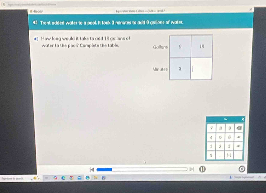 Hleady Equivalent Iuilio Tables = QuU = Lovel E 
Trent added water to a pool. it took 3 minutes to add 9 gallons of water. 
4 How long would it take to add 18 gallons of 
water to the pool? Complete the table. Gallon
Minut
Typo hame to eeards. 
1. Touge to pimd