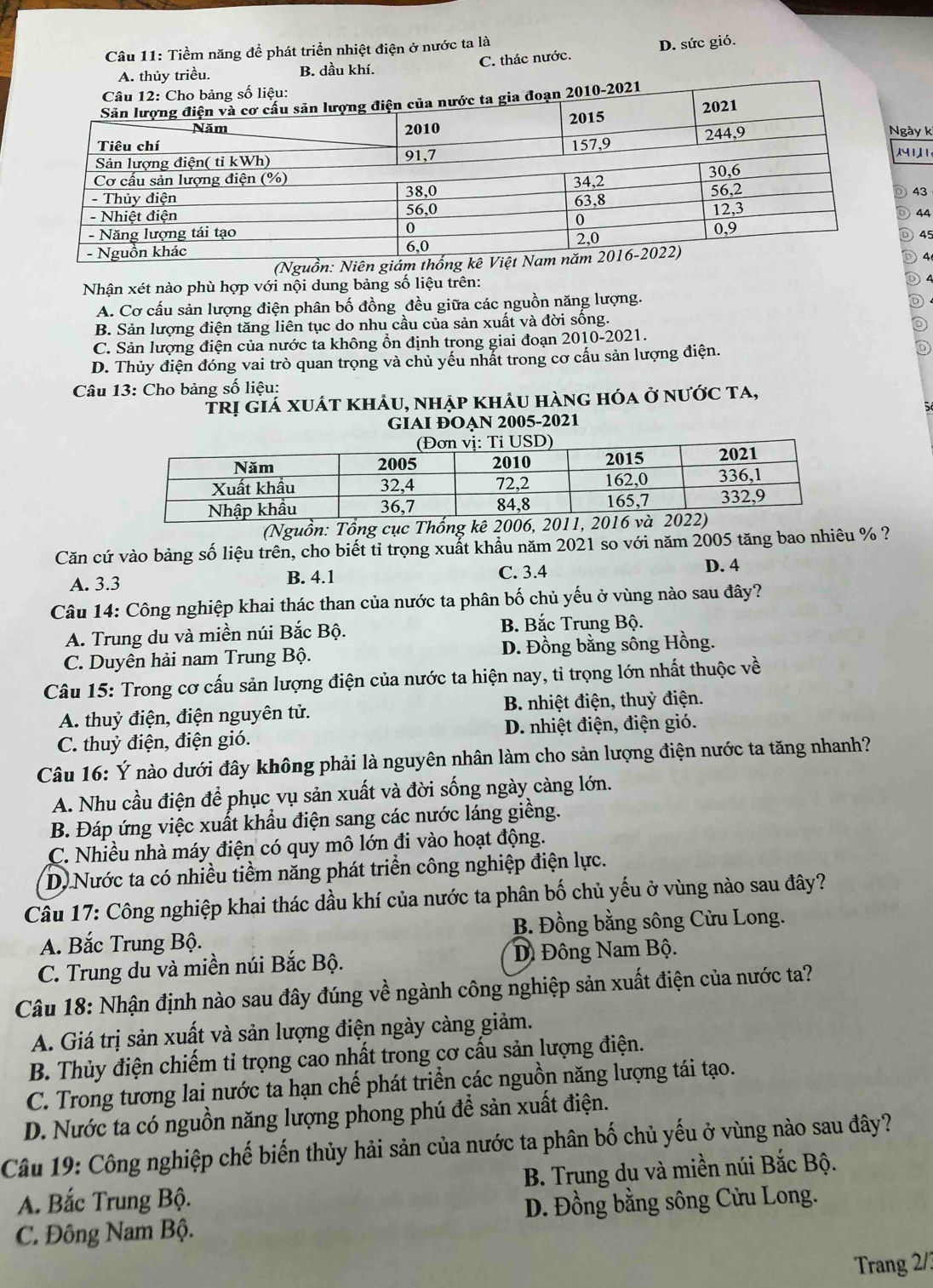 Tiềm năng để phát triển nhiệt điện ở nước ta là
A. thủy triều. B. dầu khí. C. thác nước. D. sức gió.
gày k
 
43
44
45
(Nguồn: Niên giám thống k
4
Nhận xét nào phù hợp với nội dung bảng số liệu trên:
A. Cơ cấu sản lượng điện phân bố đồng đều giữa các nguồn năng lượng.
B. Sản lượng điện tăng liên tục do nhu cầu của sản xuất và đời sống.
C. Sản lượng điện của nước ta không ồn định trong giai đoạn 2010-2021.
D. Thủy điện đóng vai trò quan trọng và chủ yếu nhất trong cơ cấu sản lượng điện.
Câu 13: Cho bảng số liệu:
trị giá xuát khảu, nhập khâu hàng hóa ở nước ta,
GIAI ĐOẠN 2005-2021
(Nguồn: Tổng cục Thống kê 2006, 
Căn cứ vào bảng số liệu trên, cho biết tỉ trọng xuất khầu năm 2021 so với năm 2005 tăng bao nhiêu % ?
A. 3.3 B. 4.1 C. 3.4 D. 4
Câu 14: Công nghiệp khai thác than của nước ta phân bố chủ yếu ở vùng nào sau đây?
A. Trung du và miền núi Bắc Bộ. B. Bắc Trung Bộ.
C. Duyên hải nam Trung Bộ. D. Đồng bằng sông Hồng.
Câu 15: Trong cơ cấu sản lượng điện của nước ta hiện nay, tỉ trọng lớn nhất thuộc về
A. thuỷ điện, điện nguyên tử. B. nhiệt điện, thuỷ điện.
C. thuỷ điện, điện gió. D. nhiệt điện, điện gió.
Câu 16: Ý nào dưới đây không phải là nguyên nhân làm cho sản lượng điện nước ta tăng nhanh?
A. Nhu cầu điện để phục vụ sản xuất và đời sống ngày càng lớn.
B. Đáp ứng việc xuất khẩu điện sang các nước láng giềng.
C. Nhiều nhà máy điện có quy mô lớn đi vào hoạt động.
D. Nước ta có nhiều tiềm năng phát triển công nghiệp điện lực.
Câu 17: Công nghiệp khai thác dầu khí của nước ta phân bố chủ yếu ở vùng nào sau đây?
A. Bắc Trung Bộ. B. Đồng bằng sông Cửu Long.
C. Trung du và miền núi Bắc Bộ. D Đông Nam Bộ.
Câu 18: Nhận định nào sau đây đúng về ngành công nghiệp sản xuất điện của nước ta?
A. Giá trị sản xuất và sản lượng điện ngày càng giảm.
B. Thủy điện chiếm tỉ trọng cao nhất trong cơ cấu sản lượng điện.
C. Trong tương lai nước ta hạn chế phát triển các nguồn năng lượng tái tạo.
D. Nước ta có nguồn năng lượng phong phú để sản xuất điện.
Câu 19: Công nghiệp chế biến thủy hải sản của nước ta phân bố chủ yếu ở vùng nào sau đây?
A. Bắc Trung Bộ. B. Trung du và miền núi Bắc Bộ.
C. Đông Nam Bộ. D. Đồng bằng sông Cửu Long.
Trang 2/3