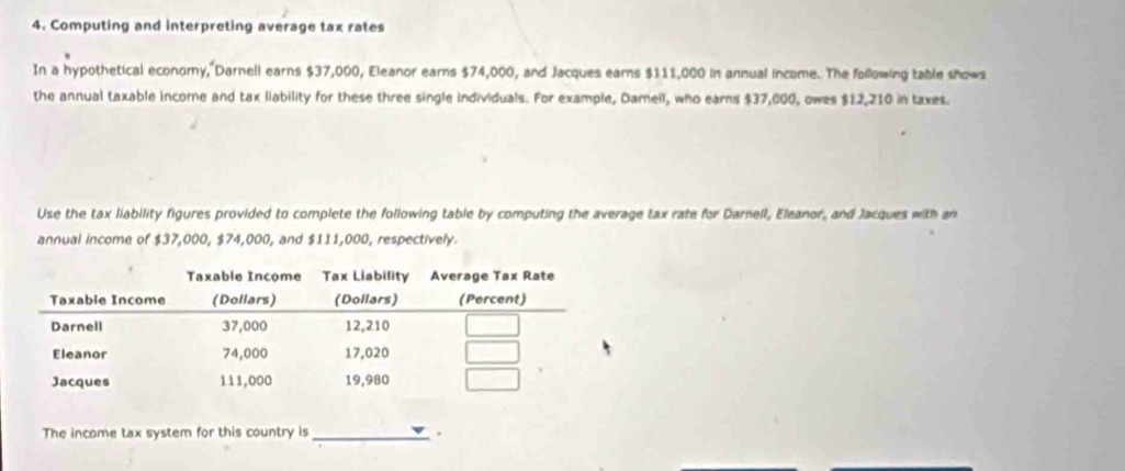 Computing and interpreting average tax rates 
In a hypothetical economy, Darnell earns $37,000, Eleanor earns $74,000, and Jacques earns $111,000 in annual income. The following table snows 
the annual taxable income and tax liability for these three single individuals. For example, Darell, who earns $37,000, owes $12,210 in taxes. 
Use the tax liability figures provided to complete the following table by computing the average tax rate for Darnell, Eleanor, and Jacques with an 
annual income of $37,000, $74,000, and $111,000, respectively. 
The income tax system for this country is_ .