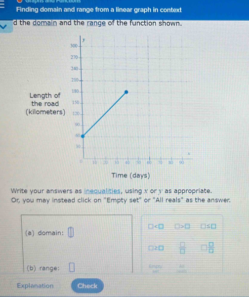 Grapns and Puncuons 
Finding domain and range from a linear graph in context 
d the domain and the range of the function shown. 
Length of 
the road 
(kilometers) 
Time (days) 
Write your answers as inequalities, using x or v as appropriate. 
Or, you may instead click on "Empty set" or "All reals" as the answer.
□ □ >□ □ ≤ □
(a) domain:
□ ≥ □  □ /□    □ /□  
(b) range: 1
AB
 =CC/BC  =31
Explanation Check