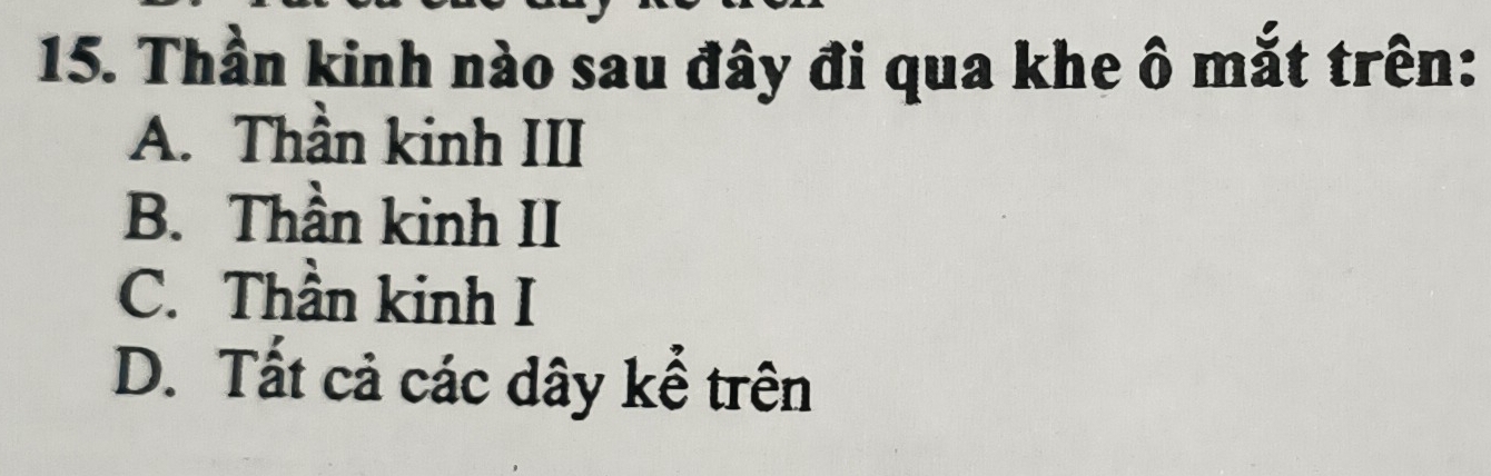 Thần kinh nào sau đây đi qua khe ô mắt trên:
A. Thần kinh III
B. Thần kinh II
C. Thần kinh I
D. Tất cả các dây kể trên