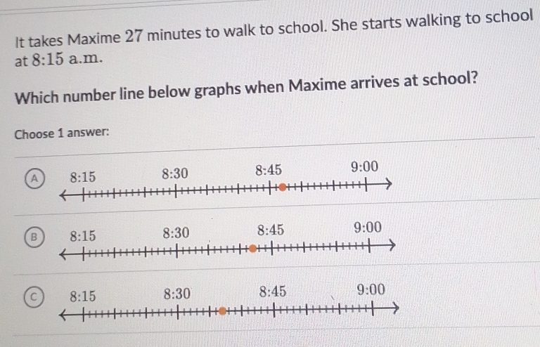 It takes Maxime 27 minutes to walk to school. She starts walking to school
at 8:15 a.m.
Which number line below graphs when Maxime arrives at school?
Choose 1 answer:
A
B
C