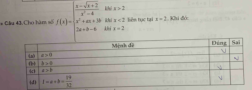 khi x>
kh i x<2</tex> liên tục tại x=2. Khi đó:
Câu 43. Cho hàm số f(x)=beginarrayl  (x-sqrt(x)+2)/x^2-4  x^2+ax+30 2x+b,6endarray. khi x=2