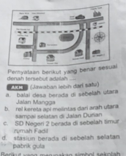 Pernyataan berikut yang
denah tersebut adalah ...
AKM (Jawaban lebih darí satu)
a. balai desa berəda di sebelah utara
Jalan Mangga
b. rel kereta api melintas dari arah utara
sampai selatan di Jalan Durian
c. SD Negeri 2 berada di sebelah timur
rumah Fadil
d. stasiun berada di sebelah selatan
pabrik gula
Berikut vang menınakan símhol sekolah