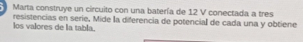 Marta construye un circuito con una batería de 12 V conectada a tres 
resistencias en serie. Mide la diferencia de potencial de cada una y obtiene 
los valores de la tabla.