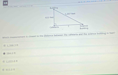 Which measurement is closest to the distance between the cafeteria and the science building in feet?
④ 1,358.3 f
S84.0 f
1,033.8
915.0