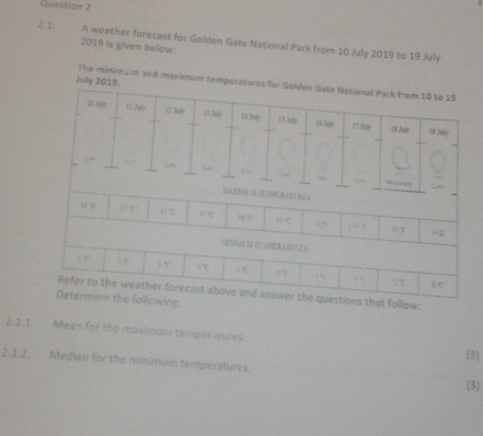 2.1 A weather forecast for Golden Gate National Park from 10 July 2019 to 19 July
2019 is given below:
July 2019.
The minimum and maximum temperatu
ons that follow:
wing
2.1.1. Mean for the maximum temperatures.
(3)
2.1.2. Median for the minimum temperatures.
(3)