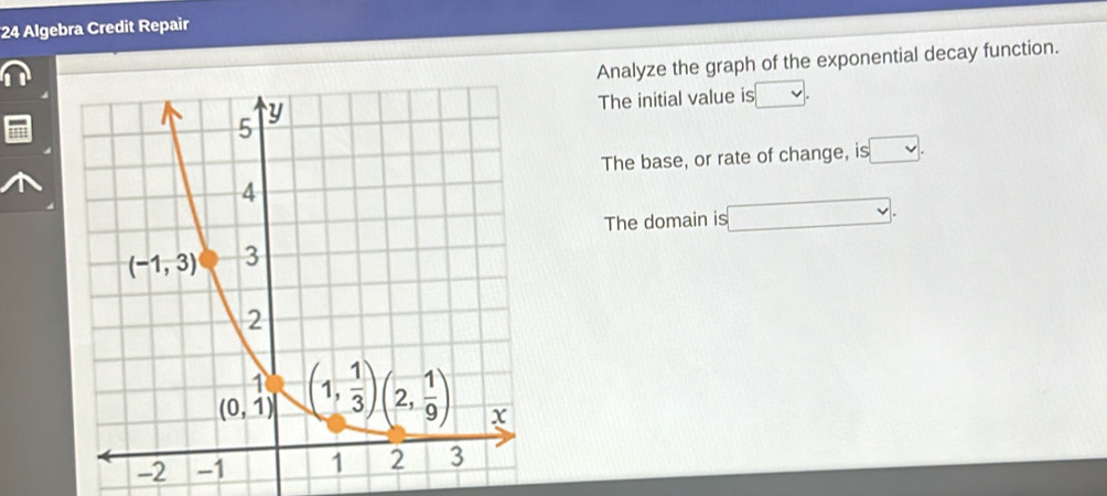 Algebra Credit Repair
Analyze the graph of the exponential decay function.
The initial value is
The base, or rate of change, is □ .
The domain is □ v