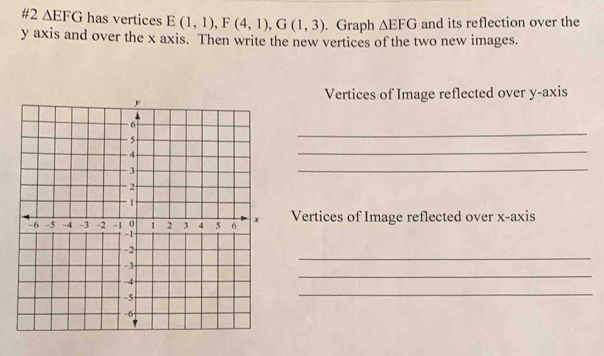 #2 △ EFG has vertices E(1,1), F(4,1), G(1,3). Graph △ EFG and its reflection over the
y axis and over the x axis. Then write the new vertices of the two new images. 
Vertices of Image reflected over y-axis 
_ 
_ 
_ 
Vertices of Image reflected over x-axis 
_ 
_ 
_