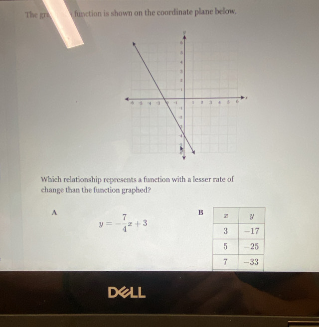 The gra function is shown on the coordinate plane below.
Which relationship represents a function with a lesser rate of
change than the function graphed?
A
y=- 7/4 x+3
B
Dell