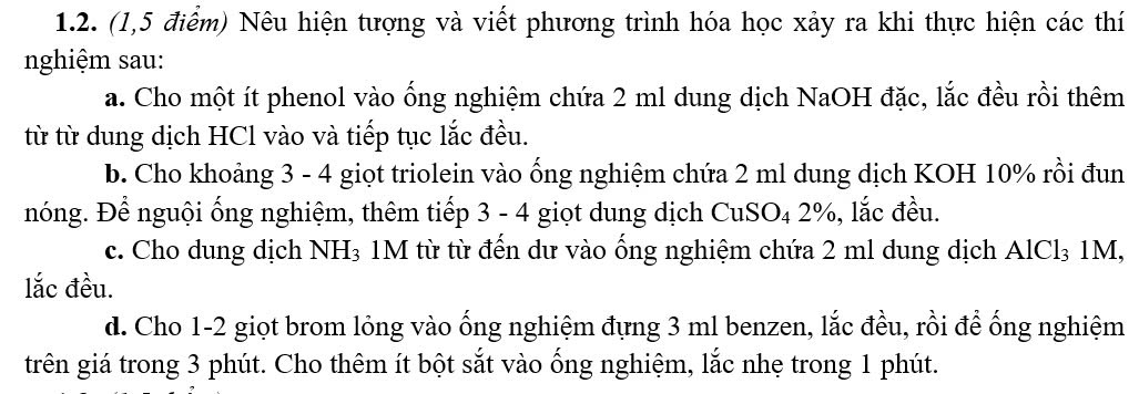 (1,5 điểm) Nêu hiện tượng và viết phương trình hóa học xảy ra khi thực hiện các thí 
nghiệm sau: 
a. Cho một ít phenol vào ống nghiệm chứa 2 ml dung dịch NaOH đặc, lắc đều rồi thêm 
từ từ dung dịch HCl vào và tiếp tục lắc đều. 
b. Cho khoảng 3 - 4 giọt triolein vào ống nghiệm chứa 2 ml dung dịch KOH 10% rồi đun 
nóng. Để nguội ống nghiệm, thêm tiếp 3 - 4 giọt dung dịch CuSO₄ 2%, lắc đều. 
c. Cho dung dịch NH_3 1M từ từ đến dư vào ống nghiệm chứa 2 ml dung dịch AlCl_3 1M, 
lắc đều. 
d. Cho 1-2 giọt brom lỏng vào ống nghiệm đựng 3 ml benzen, lắc đều, rồi để ống nghiệm 
trên giá trong 3 phút. Cho thêm ít bột sắt vào ống nghiệm, lắc nhẹ trong 1 phút.