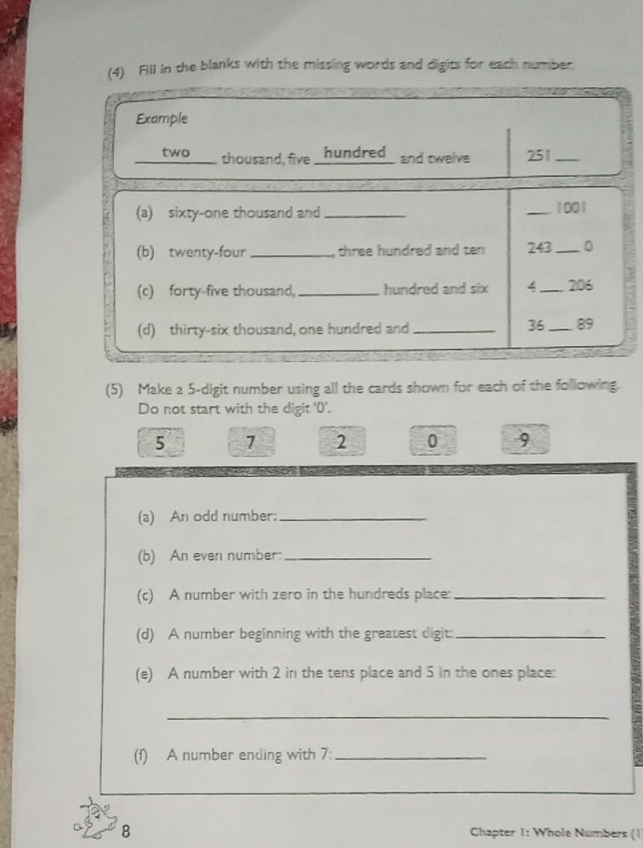 (4) Fill in the blanks with the missing words and digits for each number. 
Example 
_two thousand, five ... hundred and twelve 251 _ 
(a) sixty-one thousand and __ 1001
(b) twenty-four _three hundred and ten 243 _0 
(c) forty-five thousand, _hundred and six 4 _206 2 
(d) thirty-six thousand, one hundred and_
36 _ 89
(5) Make a 5 -digit number using all the cards shown for each of the following. 
Do not start with the digit ' 0 '.
5 7 2 0 9
(a) An odd number:_ 
(b) An even number:_ 
(c) A number with zero in the hundreds place:_ 
(d) A number beginning with the greatest digit:_ 
(e) A number with 2 in the tens place and 5 in the ones place: 
_ 
(f) A number ending with 7 :_ 
8 Chapter 1: Whole Numbers (1