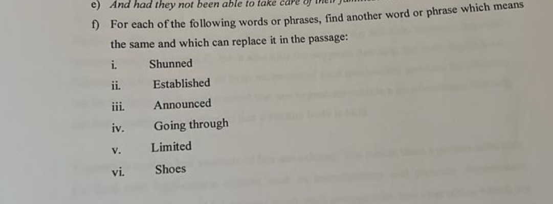 And had they not been able to take care of them 
f) For each of the following words or phrases, find another word or phrase which means 
the same and which can replace it in the passage: 
i. Shunned 
ii. Established 
iii. Announced 
iv. Going through 
v. Limited 
vi. Shoes