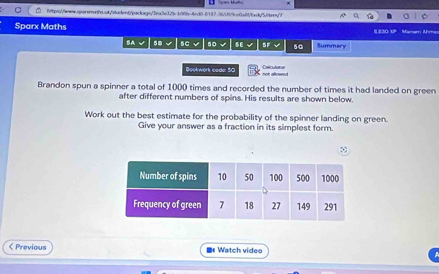 Sparx Maths × 
C https://www.sparxmaths.uk/student/package/3ea3e32b-b98b-4ed0-8187-365f69ce0a8f/task/5/item/7 
Sparx Maths B E30 XP Masam Ahme 
5A 5B 5C 5D 5E 5F 5G Summary 
Bookwork code: 50 Calculator 
not allowed 
Brandon spun a spinner a total of 1000 times and recorded the number of times it had landed on green 
after different numbers of spins. His results are shown below. 
Work out the best estimate for the probability of the spinner landing on green. 
Give your answer as a fraction in its simplest form. 
Previous Watch video 
'