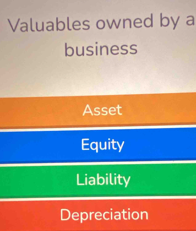 Valuables owned by a
business
Asset
Equity
Liability
Depreciation