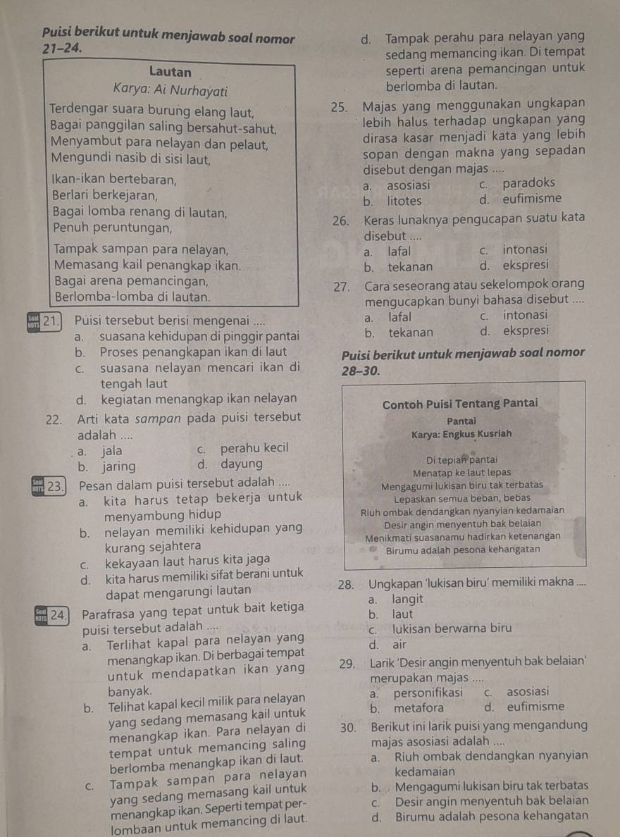 Puisi berikut untuk menjawab soal nomor
21-24. d. Tampak perahu para nelayan yang
sedang memancing ikan. Di tempat
Lautan seperti arena pemancingan untuk
Karya: Ai Nurhayati berlomba di lautan.
Terdengar suara burung elang laut, 25. Majas yang menggunakan ungkapan
Bagai panggilan saling bersahut-sahut, lebih halus terhadap ungkapan yang
Menyambut para nelayan dan pelaut, dirasa kasar menjadi kata yang lebih
Mengundi nasib di sisi laut, sopan dengan makna yang sepadan 
disebut dengan majas ....
Ikan-ikan bertebaran,
Berlari berkejaran, a. asosiasi c. paradoks
b. litotes d. eufimisme
Bagai lomba renang di lautan,
Penuh peruntungan, 26. Keras lunaknya pengucapan suatu kata
disebut ....
Tampak sampan para nelayan, a. lafal c. intonasi
Memasang kail penangkap ikan. b. tekanan d. ekspresi
Bagai arena pemancingan,
Berlomba-lomba di lautan. 27. Cara seseorang atau sekelompok orang
mengucapkan bunyi bahasa disebut ....
21. Puisi tersebut berisi mengenai .... a. lafal c. intonasi
a. suasana kehidupan di pinggir pantai b. tekanan d. ekspresi
b. Proses penangkapan ikan di laut Puisi berikut untuk menjawab soal nomor
c. suasana nelayan mencari ikan di 28-30.
tengah laut
d. kegiatan menangkap ikan nelayan Contoh Puisi Tentang Pantai
22. Arti kata sampan pada puisi tersebut Pantai
adalah .... Karya: Engkus Kusriah
a. jala c. perahu kecil
b. jaring d. dayung Di tepian pantai
Menatap ke laut lepas
23. Pesan dalam puisi tersebut adalah
Mengagumi lukisan biru tak terbatas
a. kita harus tetap bekerja untuk Lepaskan semua beban, bebas
menyambung hidup Riuh ombak dendangkan nyanyian kedamaian
b. nelayan memiliki kehidupan yang Desir angin menyentuh bak belaian
Menikmati suasanamu hadirkan ketenangan
kurang sejahtera Birumu adalah pesona kehangatan
a
c. kekayaan laut harus kita jaga
d. kita harus memiliki sifat berani untuk
dapat mengarungi lautan 28. Ungkapan ‘lukisan biru’ memiliki makna ....
a. langit
24. Parafrasa yang tepat untuk bait ketiga b. laut
puisi tersebut adalah .... c. lukisan berwarna biru
a. Terlihat kapal para nelayan yang d. air
menangkap ikan. Di berbagai tempat
untuk mendapatkan ikan yang 29. Larik ‘Desir angin menyentuh bak belaian’
merupakan majas
banyak. .
b. Telihat kapal kecil milik para nelayan a. personifikasi c. asosiasi
yang sedang memasang kail untuk b. metafora d. eufimisme
menangkap ikan. Para nelayan di 30. Berikut ini larik puisi yang mengandung
tempat untuk memancing saling majas asosiasi adalah ....
berlomba menangkap ikan di laut. a. Riuh ombak dendangkan nyanyian
c. Tampak sampan para nelayan
kedamaian
yang sedang memasang kail untuk b. Mengagumi lukisan biru tak terbatas
menangkap ikan. Seperti tempat per- c. Desir angin menyentuh bak belaian
lombaan untuk memancing di laut. d. Birumu adalah pesona kehangatan