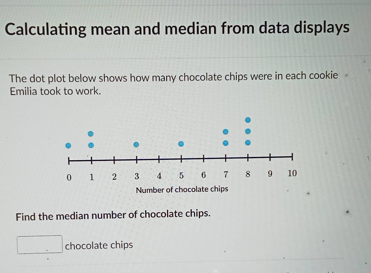 Calculating mean and median from data displays 
The dot plot below shows how many chocolate chips were in each cookie 
Emilia took to work. 
Find the median number of chocolate chips. 
chocolate chips