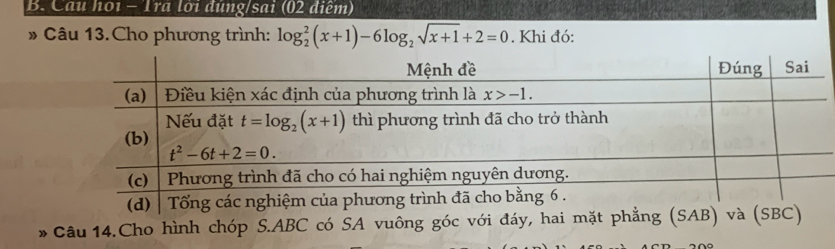 Cau hoi - Tra lời đùng/sai (02 điểm)
» Câu 13. Cho phương trình: log _2^(2(x+1)-6log _2)sqrt(x+1)+2=0. Khi đó:
* Câu 14.Cho hình chóp S.ABC có SA vuông góc với đáy, hai mặt phẳng (SAB