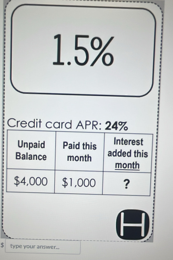 1. 5%
Credit card APR: 24%
$ type your answer...