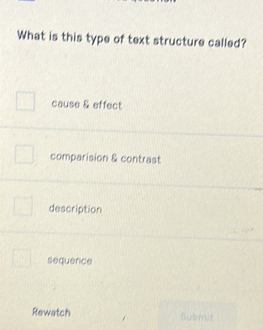 What is this type of text structure called?
cause & effect
comparision & contrast
description
sequence
Rewatch Submit