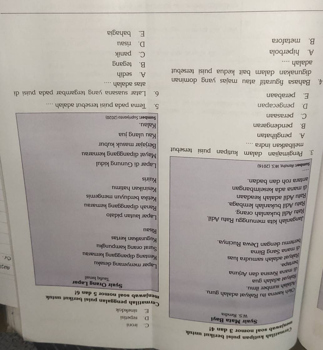 Cermatilah kutipan puisi berikut untuk
menjawab soal nomor 3 dan 4!
C. ironi
Syair Mata Bayi D. repetisi
W.S. Rendra
E. sinekdok
Cermatilah penggalan puisi berikut untuk
menjawab soal nomor 5 dan 6!
Olch karena itu Rakyat adalah guru.
Adalah sumber ilmu.
Syair Orang Lapar
Rakyat adalah gua
Taufiq Ismail
di mana Kresna dan Arjuna
bertapa.
aui
Lapar menyerang desaku
Rakyat adalah samudra luas C 
Kentang dipanggang kemarau
di mana Sang Bima
Surat orang kampungku
bertemu dengan Dewa Rucinya. Kuguratkan kertas
Risau
Janganlah kita menunggu Ratu Adil. Lapar lautan pidato
Ratu Adil bukanlah orang. Ranah dipanggang kemarau
Ratu Adil bukanlah lembaga. Ketika berduyun mengemis
Ratu Adil adalah keadaan
di mana ada keseimbangan
Kesinikan hatimu
antara roh dan badan. Kuiris
Sumber: Rendra, W.S. (2016) Lapar di Gunung kidul
Mayat dipanggang kemarau
3. Pengimajian dalam kutipan puisi tersebut Berjajar masuk kubur
melibatkan indra ....
A. penglihatan Kau ulang jua
B. pendengaran Kalau.
C. perasaan
Sumber: Supriyanto (2020)
D. pengecapan 5. Tema pada puisi tersebut adalah ....
E. perabaan 6. Latar suasana yang tergambar pada puisi di
4. Bahasa figuratif atau majas yang dominan atas adalah ....
digunakan dalam bait kedua puisi tersebut A. sedih
adalah .... B. tegang
A. hiperbola
C. panik
B. metafora
D. risau
E. bahagia
