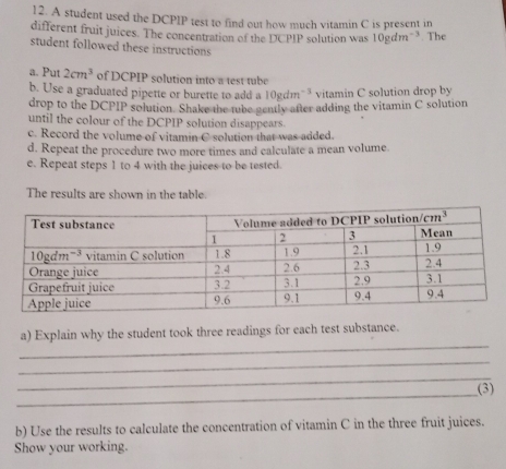 Solved: A student used the DCPIP test to find out how much vitamin C is ...
