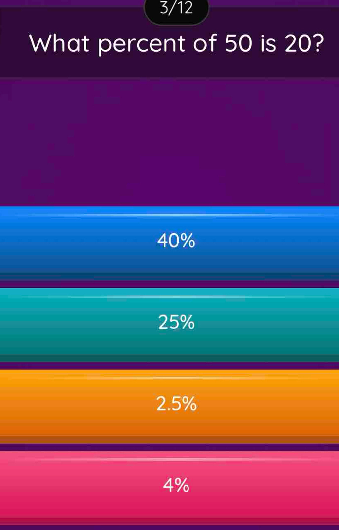 3/12
What percent of 50 is 20?
40%
25%
2.5%
4%