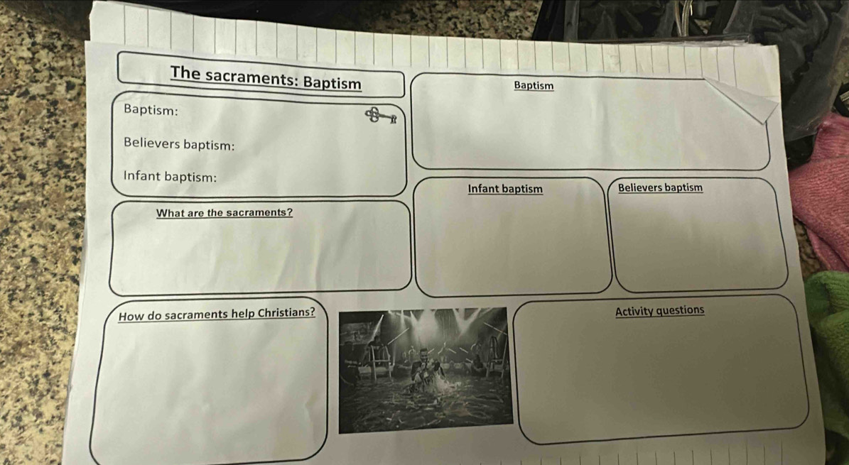 The sacraments: Baptism 
Baptism 
Baptism: 
R 
Believers baptism: 
Infant baptism: 
Infant baptism Believers baptism 
What are the sacraments? 
How do sacraments help Christians? 
Activity questions