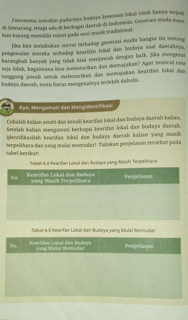 Fenomena semakin pudarnya budaya kesenian lokal tidak hanya terjadi 
di Semarang, tetapi ada di berbagai daerah di Indonesia. Generasi muda masa 
kini kurang memiliki minat pada seni musik tradisional. 
Jika kita melakukan survei terhadap generasi muda bangsa ini tentang 
pengenalan mereka terhadap kearifan lokal dan budaya asal daerahnya, 
barangkali banyak yang tidak bisa menjawab dengan baik. Jika mengenal 
saja tidak, bagaimana bisa melestarikan dan memajukan? Agar muncul rasa 
tanggung jawab untuk melestarikan dan memajukan kearifan lokal dan 
budaya daerah, tentu harus mengenalnya terlebih dahulu. 
Ayo, Mengamati dan Mengidentifikasi 
Cobalah kalian amati dan kenali kearifan lokal dan budaya daerah kalian. 
Setelah kalian mengamati berbagai kearifan lokal dan budaya daerah, 
identifikasilah kearifan lokal dan budaya daerah kalian yang masih 
terpelihara dan yang mulai memudar! Tuliskan penjelasan tersebut pada 
tabel berikut! 
Tabel 4.4 Kearifan Lokal dan Budaya yang Masih Terpelihara 
Tabel 4.5 Kearifan Lokal dan Budaya yang Mulai Memudar