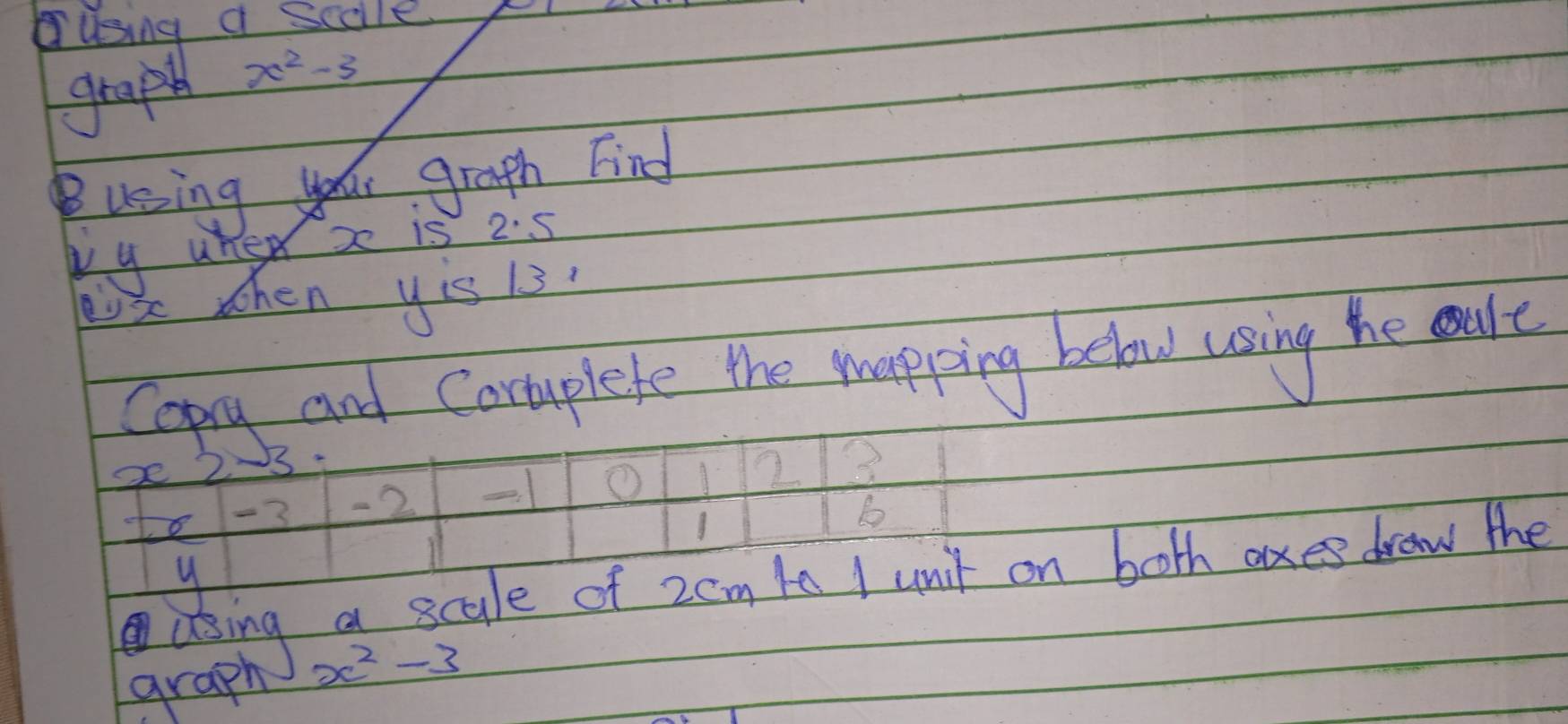 using a scole. 
graph x^2-3
using you grath Find 
by uner x is 2.5
lx when yis 13
Copy and Coruplete the Happing below using he aure
x2- 3
x -3 -2
O
2 3
1
y
asing a scale of 2cm ta / umil on booth axes draw the 
graph x^2-3