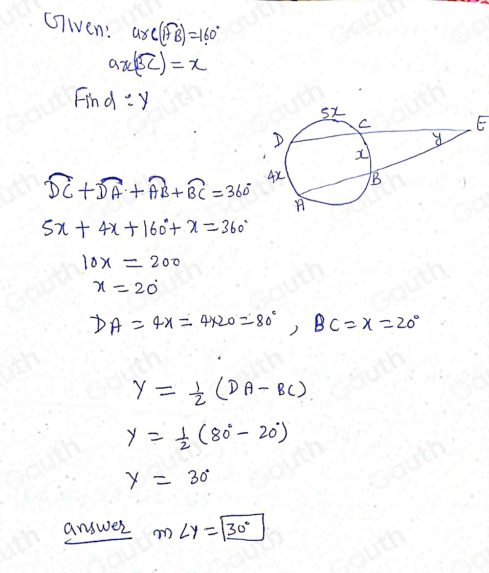solved-find-angle-y-the-measure-of-arc-ab-is-160-the-measure-of-arc