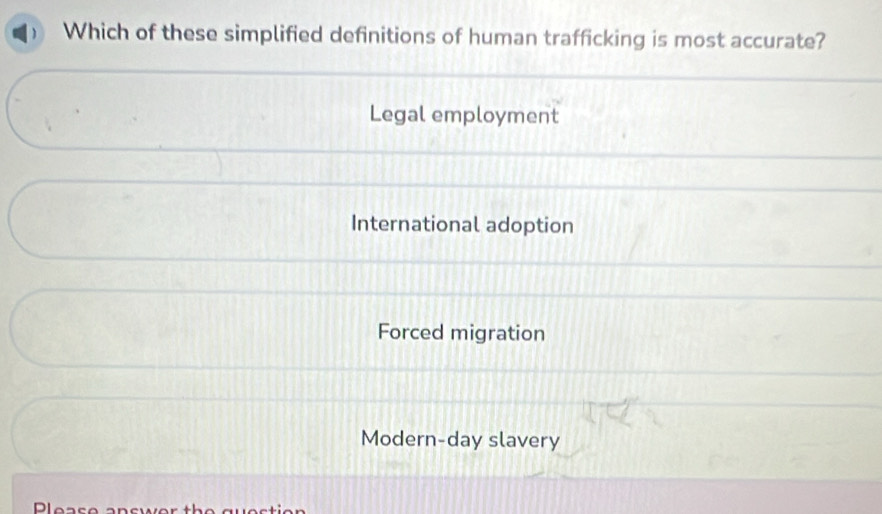 Which of these simplified definitions of human trafficking is most accurate?
Legal employment
International adoption
Forced migration
Modern-day slavery