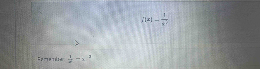 f(x)= 1/x^3 
Remember:  1/x^3 =x^(-3)