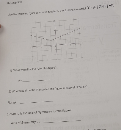 QUIZ REVIEW 
Use the following figure to answer questions 1 to 3 Using the model Y=A|X-H|+K
1) What would be the A for this figure?
A=
_ 
2) What would be the Range for this figure in Interval Notation? 
Range: 
_ 
3) Where is the axis of Symmetry for the figure? 
Axis of Symmetry at: 
_