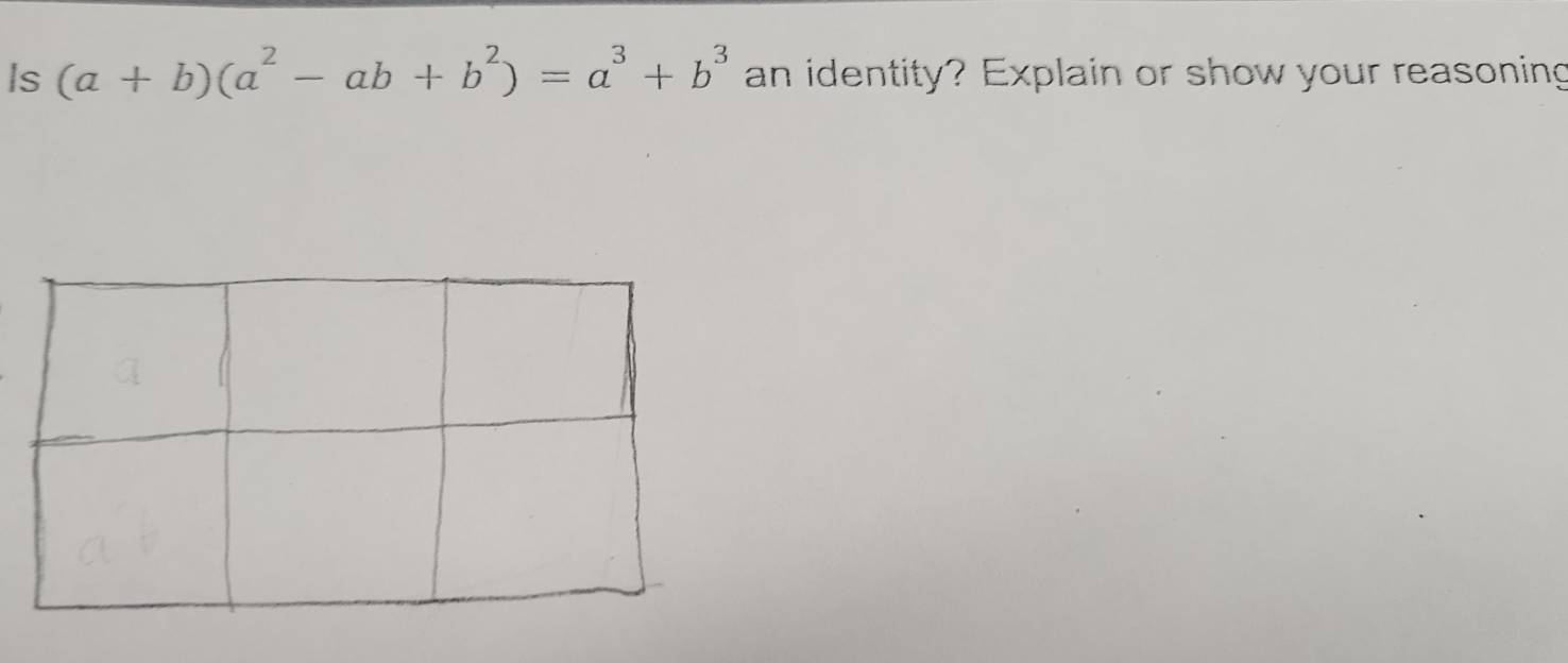 Is (a+b)(a^2-ab+b^2)=a^3+b^3 an identity? Explain or show your reasoning