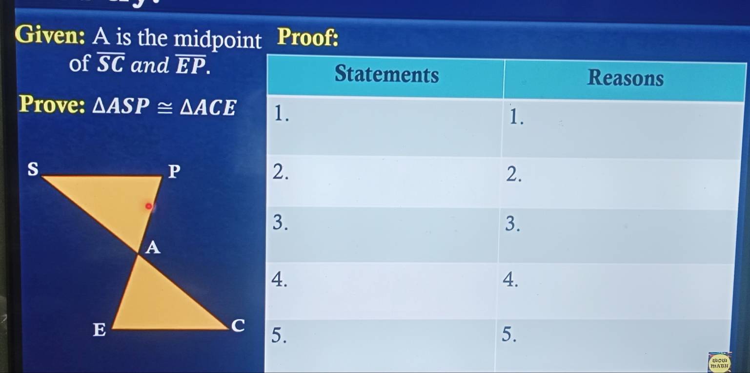 Given: A is the midpoint Proof: 
of overline SC and overline EP. 
Prove: △ ASP≌ △ ACE