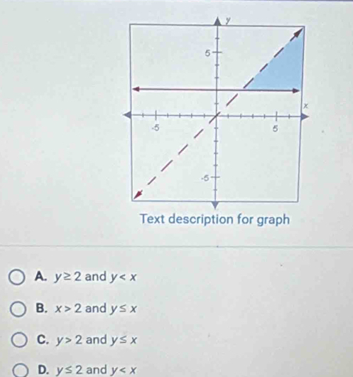 A. y≥ 2 and y
B. x>2 and y≤ x
C. y>2 and y≤ x
D. y≤ 2 and y