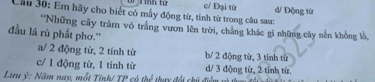 Tình từ c/ Đại từ d/ Động từ
Câu 30: Em hãy cho biết có mấy động từ, tính từ trong câu sau:
'Những cây tràm vỏ trắng vươn lên trời, chẳng khác gì những cây nến khổng lồ,
đầu lá rủ phất phơ.''
a/ 2 động từ, 2 tính từ b/ 2 động từ, 3 tính từ
c/ 1 động từ, 1 tính từ d/ 3 động từ, 2 tính từ.
Lưu ý: Năm nay, mỗi Tỉnh/ TP có thể thay đổi chủ điểm và