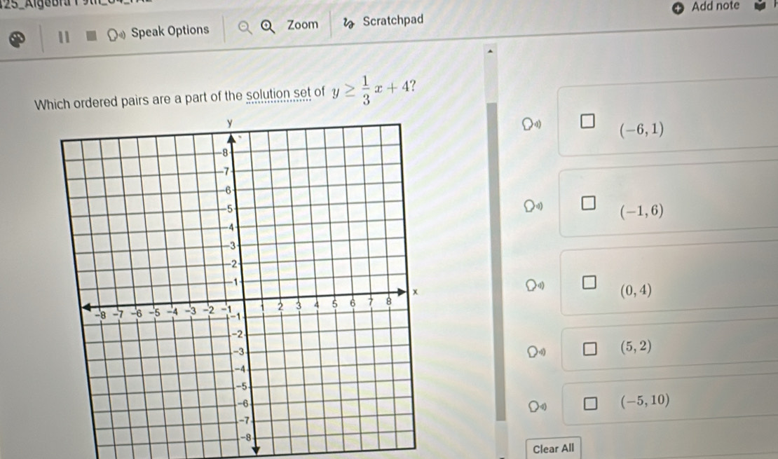 125 Algebr 1 9 Add note
11 Speak Options Zoom Scratchpad
Which ordered pairs are a part of the solution set of y≥  1/3 x+4 2
(-6,1)
(-1,6)
(0,4)
(5,2)
(-5,10)
Clear All