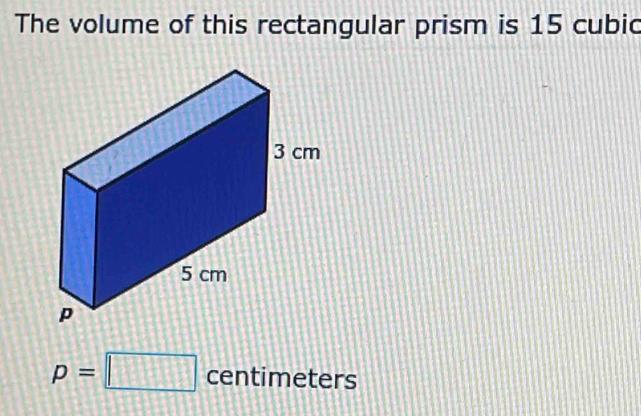 The volume of this rectangular prism is 15 cubic
p=□ centimeters