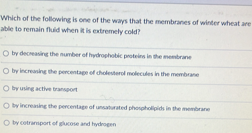 Which of the following is one of the ways that the membranes of winter wheat are
able to remain fluid when it is extremely cold?
by decreasing the number of hydrophobic proteins in the membrane
by increasing the percentage of cholesterol molecules in the membrane
by using active transport
by increasing the percentage of unsaturated phospholipids in the membrane
by cotransport of glucose and hydrogen