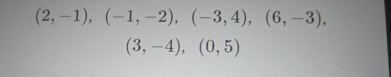 (2,-1),(-1,-2), (-3,4), (6,-3),
(3,-4), (0,5)