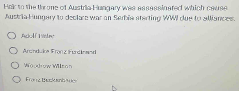 Heir to the throne of Austria-Hungary was assassinated which cause
Austria-Hungary to declare war on Serbia starting WWI due to alliances.
Adolf Hitler
Archduke Franz Ferdinand
Woodrow Wilson
Franz Beckenbauer