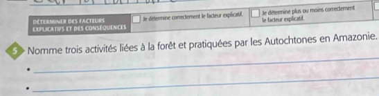 EXPLICATifs et des conséquences le détermine correctement le facteur explicatif. le facteur explicatif. le détermine plus ou moins correctement 
Déterminer des facteurs 
_ 
5> Nomme trois activités liées à la forêt et pratiquées par les Autochtones en Amazonie. 
_