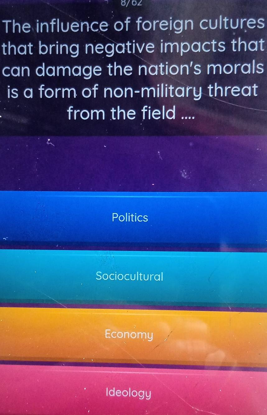 8/62
The influence of foreign cultures
that bring negative impacts that
can damage the nation’s morals
is a form of non-military threat
from the field ....
Politics
Sociocultural
Economy
Ideology