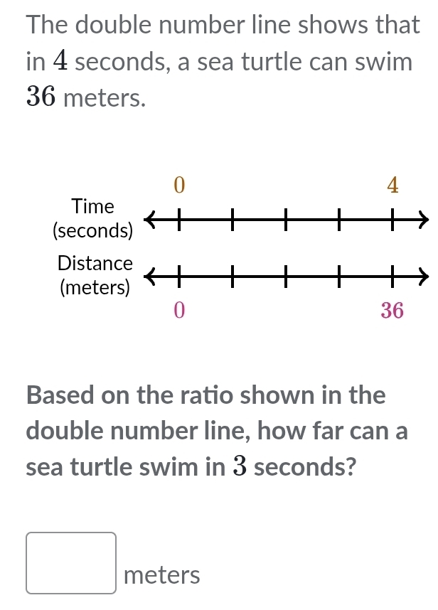 The double number line shows that 
in 4 seconds, a sea turtle can swim
36 meters. 
Based on the ratio shown in the 
double number line, how far can a 
sea turtle swim in 3 seconds?
□ meters